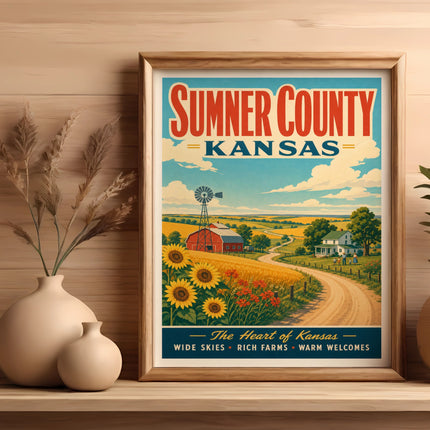 Sumner County, Kansas poster with sunflowers, farm, and windmill.