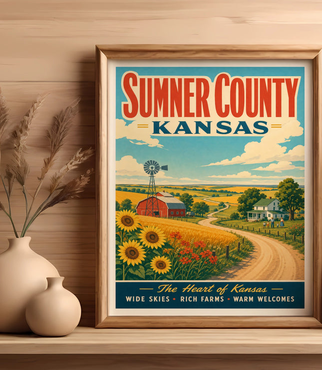 Sumner County, Kansas poster with sunflowers, farm, and windmill.