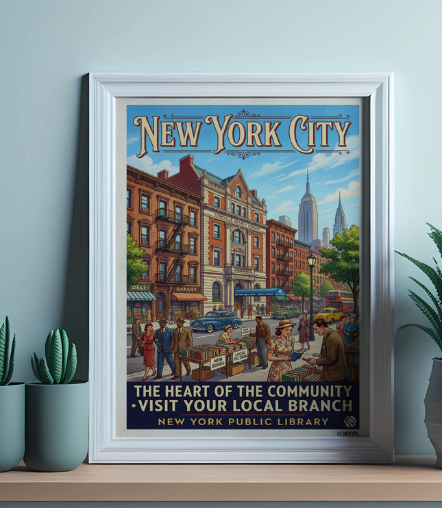 Vintage New York City library poster depicting a street scene with buildings and people.