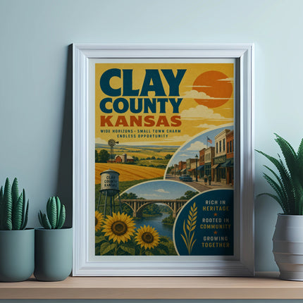 Clay County, Kansas vintage travel poster with sunflowers and sun.
