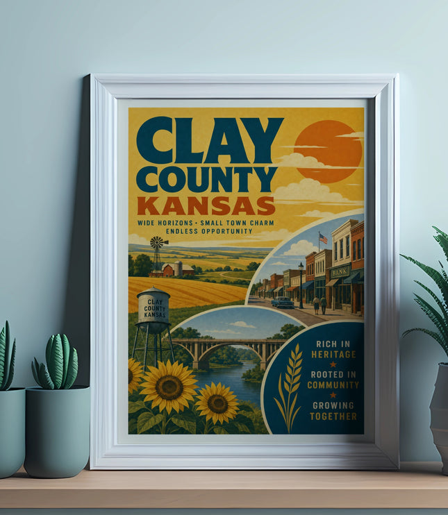 Clay County, Kansas vintage travel poster with sunflowers and sun.