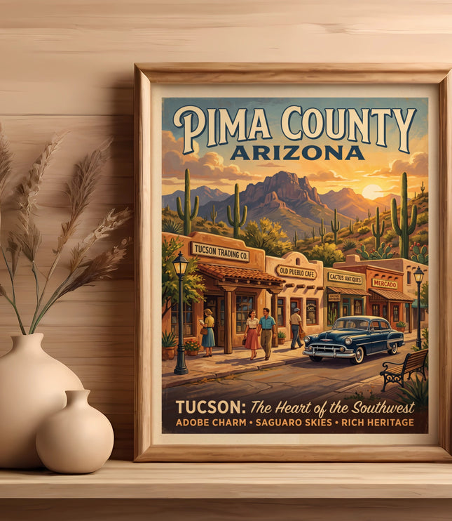 Pima County Arizona vintage poster with desert scene and storefronts.