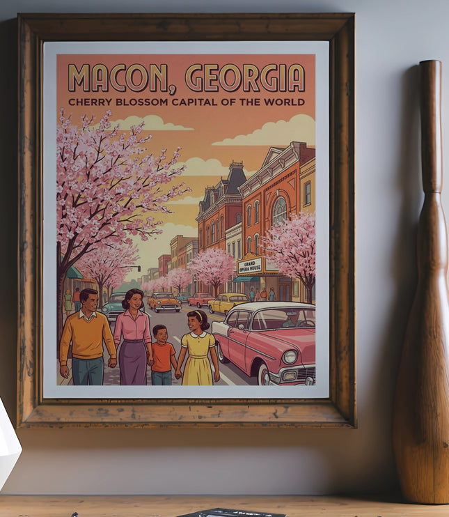 Macon, Georgia Cherry Blossom Capital of the World vintage poster with family and cars.