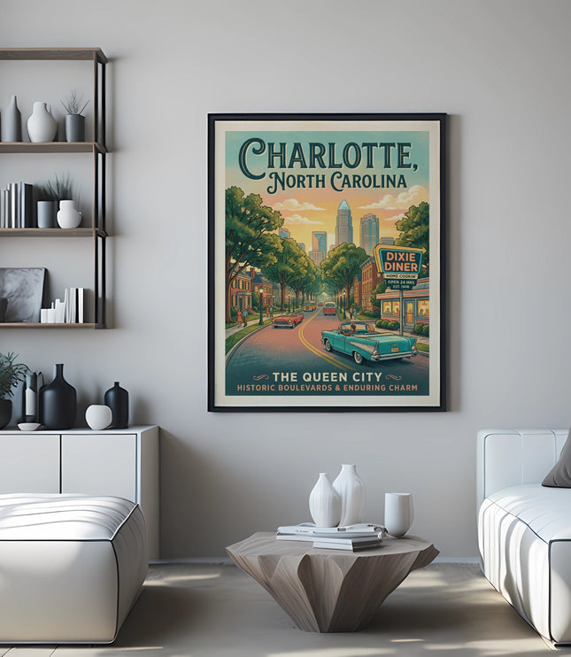 Charlotte, North Carolina vintage poster of a street scene and Dixie Diner.