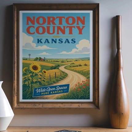 Vintage poster for Norton County, Kansas, featuring a rural landscape.