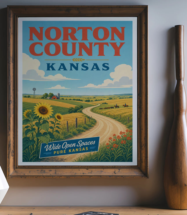 Vintage poster for Norton County, Kansas, featuring a rural landscape.