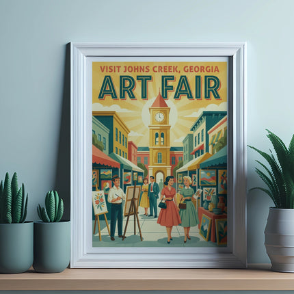 Visit Johns Creek, Georgia Art Fair poster with clock tower and people.