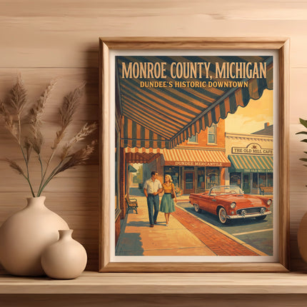 Monroe County, Michigan: Dundee's Historic Downtown poster featuring a couple and classic car.