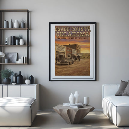 Osage County, Oklahoma vintage poster with Pawhuska Main Street scene.