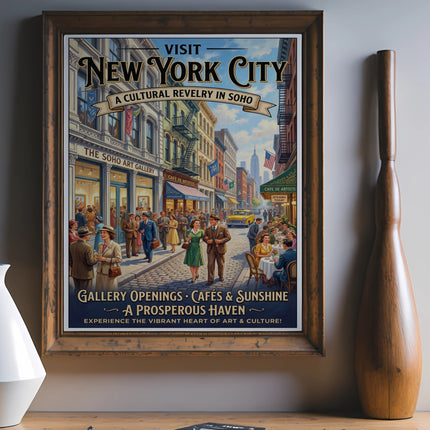 New York City SoHo vintage poster depicting street scene with gallery and cafes.