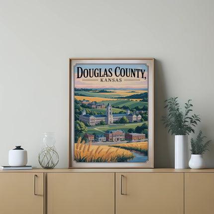 Douglas County, Kansas landscape with buildings and fields framed by wheat stalks.