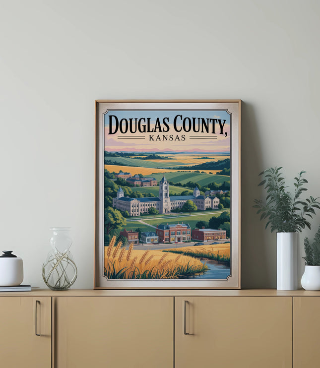 Douglas County, Kansas landscape with buildings and fields framed by wheat stalks.