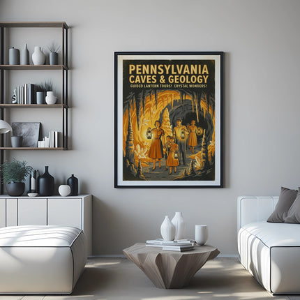 Vintage poster for Pennsylvania Caves & Geology, featuring lantern-lit explorers.