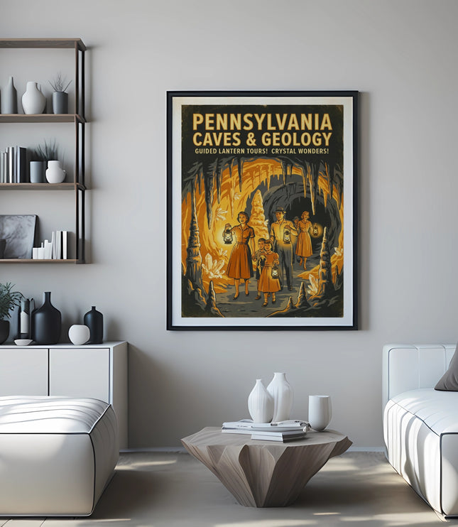 Vintage poster for Pennsylvania Caves & Geology, featuring lantern-lit explorers.
