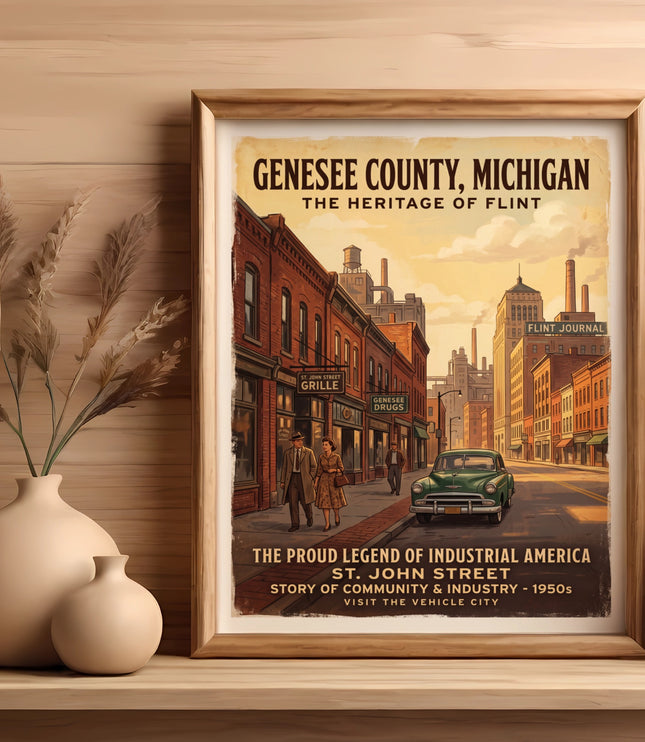 Genesee County, Michigan, heritage of Flint vintage poster featuring St. John Street.