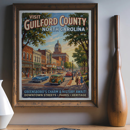 Vintage poster of Guilford County, North Carolina, featuring downtown Greensboro.