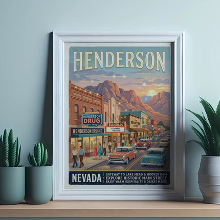 Vintage poster of Henderson, Nevada, showing a historic main street with cars and buildings.