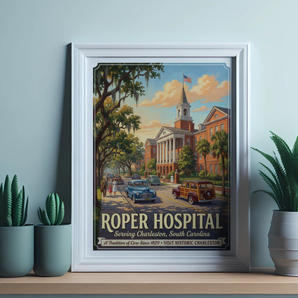 Framed poster of Roper Hospital serving Charleston, South Carolina, vintage cars.