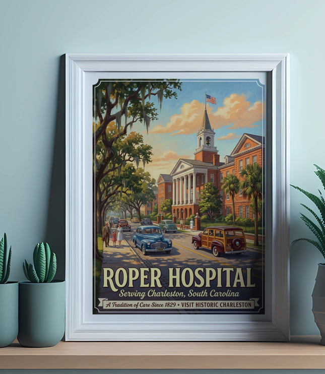 Framed poster of Roper Hospital serving Charleston, South Carolina, vintage cars.