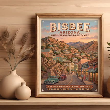 Bisbee, Arizona vintage travel poster featuring historic mining town buildings and cars.