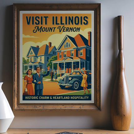 Vintage "Visit Illinois Mount Vernon" travel poster with couple and car.