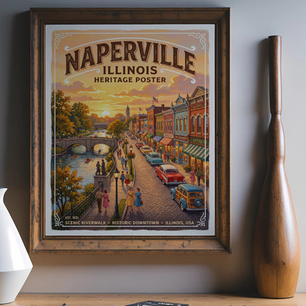 Naperville, Illinois heritage poster depicting a scenic riverwalk and historic downtown.