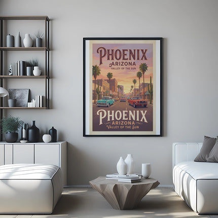 Vintage Phoenix Arizona Valley of the Sun poster with classic cars and palm trees.