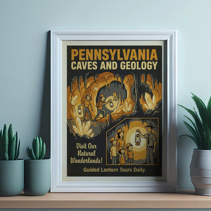 Pennsylvania Caves and Geology poster with guided lantern tours.