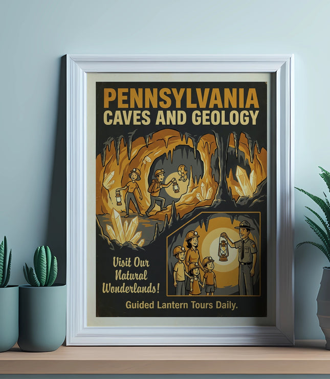 Pennsylvania Caves and Geology poster with guided lantern tours.