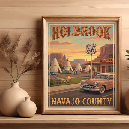 Vintage Holbrook Route 66 Navajo County retro poster with classic cars and motel.