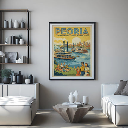 Vintage poster of Peoria, Illinois, featuring a steamboat on the river.