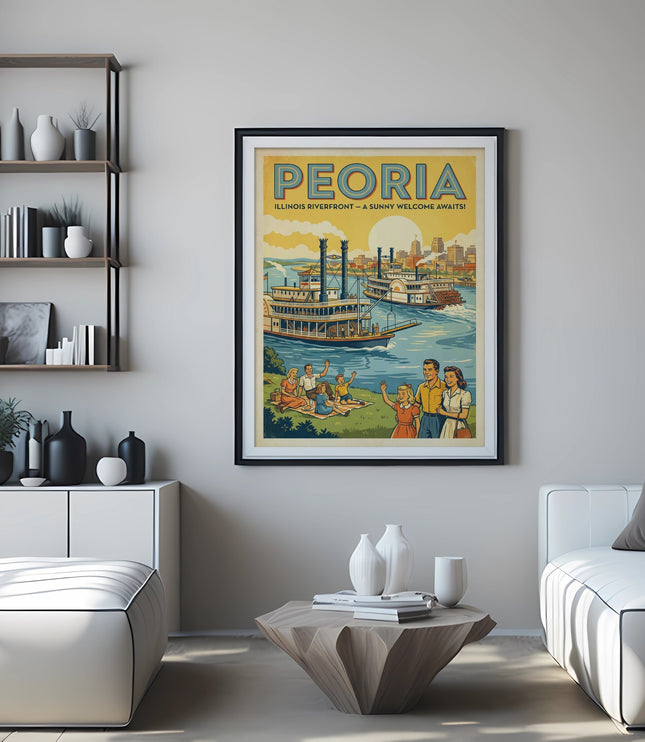Vintage poster of Peoria, Illinois, featuring a steamboat on the river.
