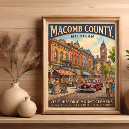 Macomb County Michigan vintage poster with historic Mount Clemens street scene.