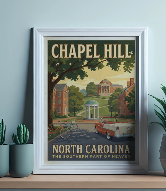 Chapel Hill North Carolina vintage travel poster with buildings, cars, and bicycles.