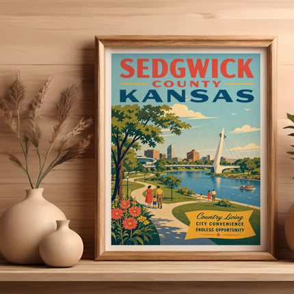 Framed vintage travel poster for Sedgwick County, Kansas, depicting a river scene.