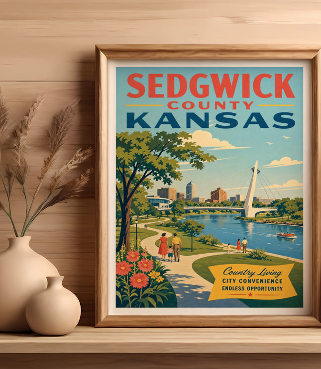 Framed vintage travel poster for Sedgwick County, Kansas, depicting a river scene.