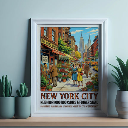New York City poster: bookstore, flower stand, city street scene.