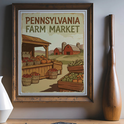 Pennsylvania Farm Market sign with produce, barns, and rolling hills.