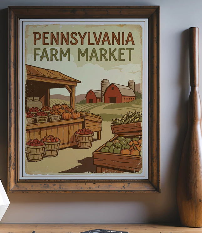 Pennsylvania Farm Market sign with produce, barns, and rolling hills.
