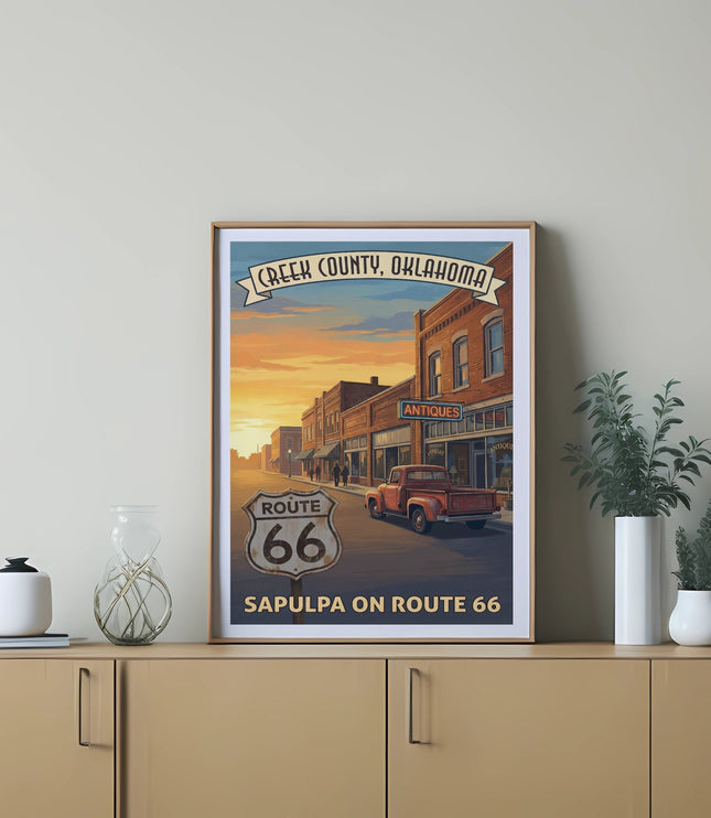 Route 66 sign and vintage truck on Sapulpa street, Creek County, Oklahoma.