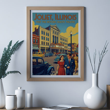 Vintage poster for Joliet, Illinois, featuring the historic Rialto Theatre.