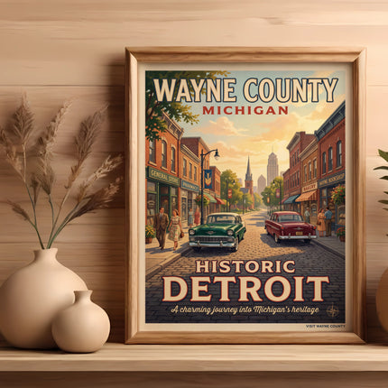 Wayne County Michigan Historic Detroit vintage travel poster with cars.