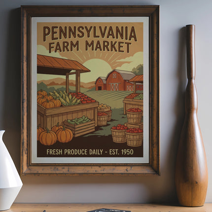 Pennsylvania Farm Market sign with fresh produce, dated 1950.