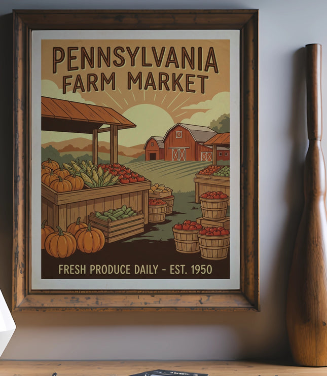Pennsylvania Farm Market sign with fresh produce, dated 1950.