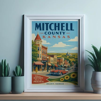 Retro poster of Mitchell County, Kansas, featuring a vintage car and town buildings.