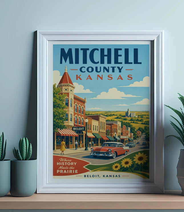 Retro poster of Mitchell County, Kansas, featuring a vintage car and town buildings.