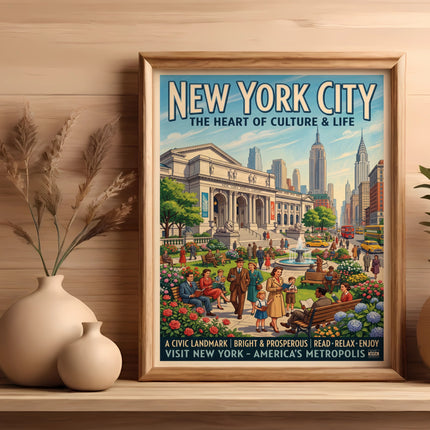 New York City vintage travel poster with public library, people, and skyline.