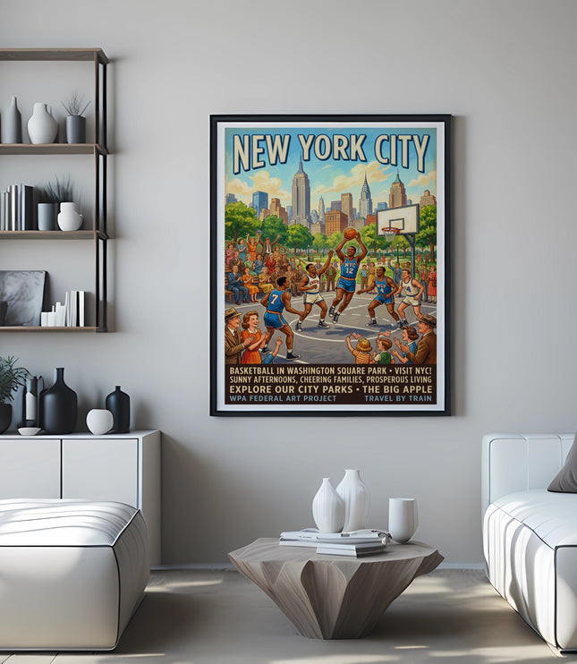 New York City poster advertising basketball in Washington Square Park.