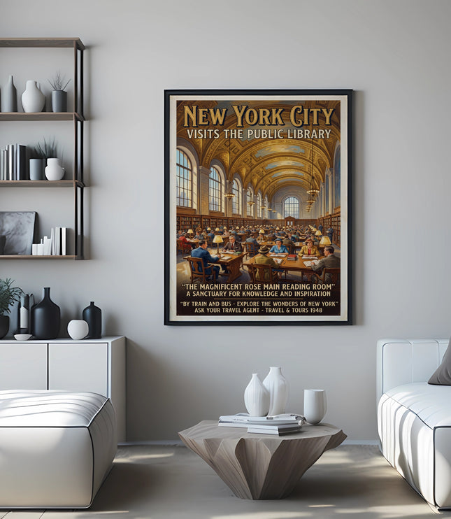 New York City Public Library vintage travel poster in a modern living room.