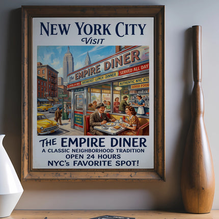 Vintage "Visit New York City The Empire Diner" poster featuring a busy street scene.